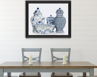 Wazon Chinoiserie, wydruk artystyczny, niebiesko-biała porcelana, wystrój wschodnioazjatycki