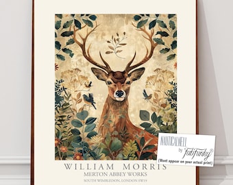 William Morris style print, William Morris poster, Deer Illustration, Vintage style Botanical, Woodland stag, large wall art animal