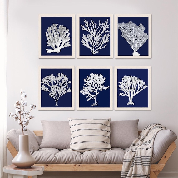Coastal Wall art - Set of 6 white corals on blue art print - nautical print nautical art beach decor shore house art coastal bathroom
