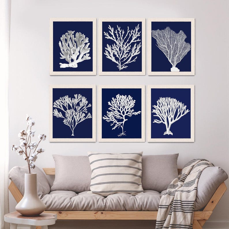 Coral Art Print Set - Nautical Blue Coastal Wall Decor image 1