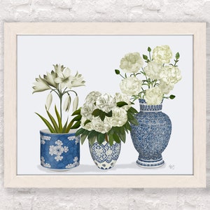 Chinoiserie vases, Blue and white, Botanical prints, Chinese wall art, Hamptons style, Floral art prints, Peonie lily carnation, Canvas art image 5