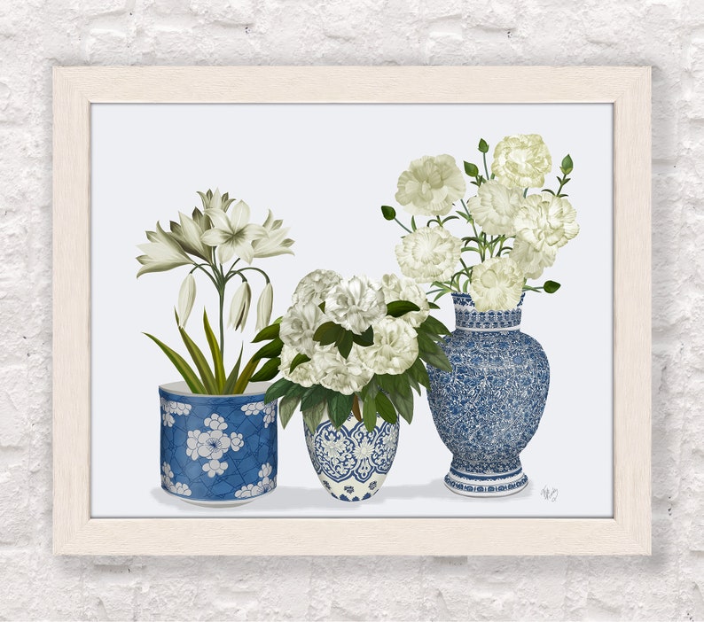 Chinoiserie vases, Blue and white, Botanical prints, Chinese wall art, Hamptons style, Floral art prints, Peonie lily carnation, Canvas art image 5