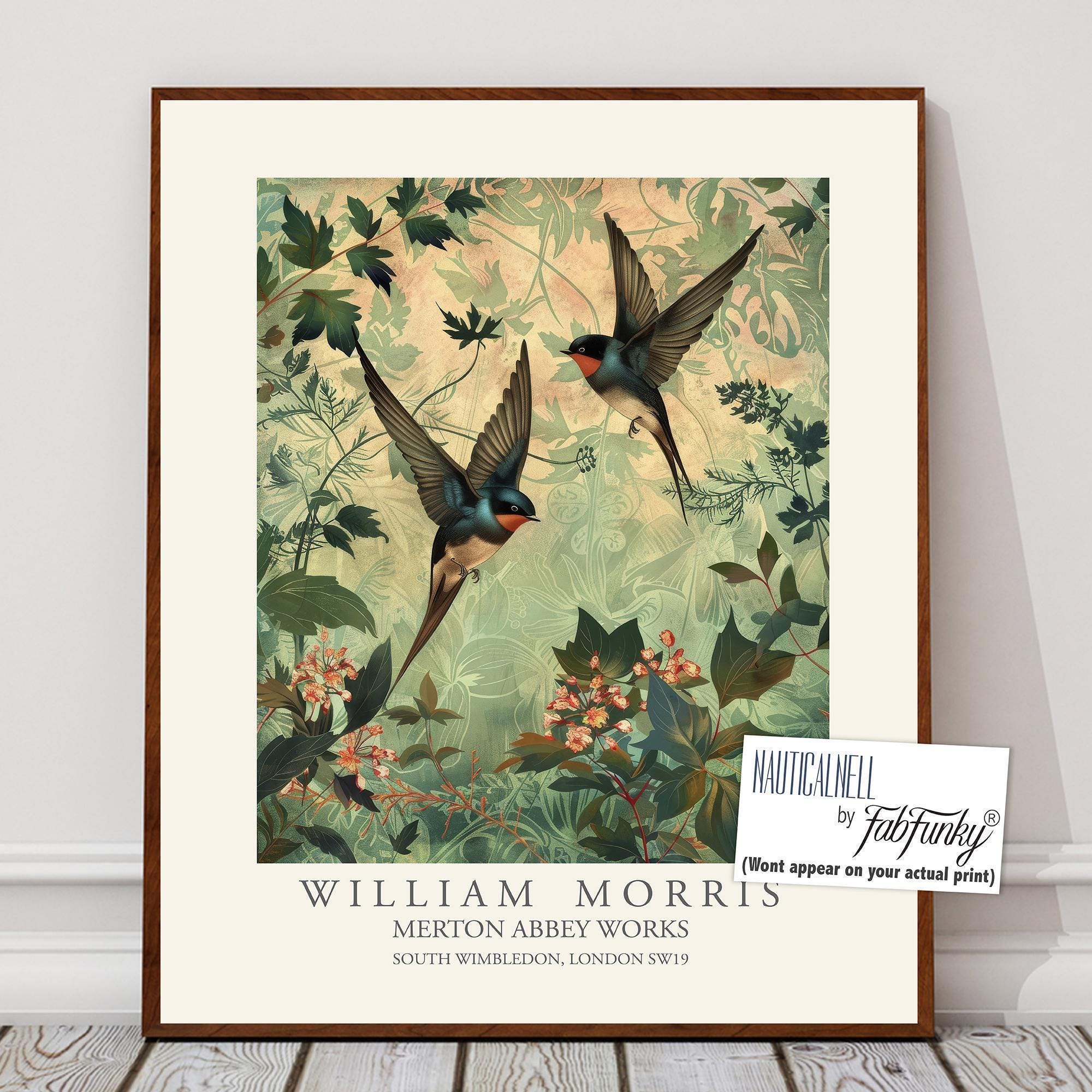 William Morris style bird print, Barn Swallow Illustration, William Morris poster, Large Vintage style wall art, Wildlife nature lover decor