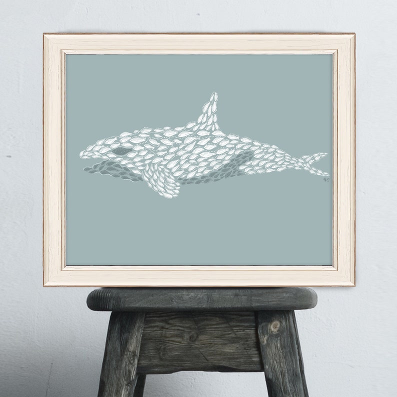 Orca whale illustration, Whale art print, Fish painting, Fish poster, Nautical wall art, Beach house decor, Sea mammal print, Bathroom decor image 5