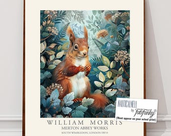 William Morris Style Red Squirrel Botanical Print, Vintage Woodland Art