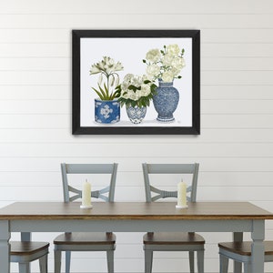 Chinoiserie vazen, Blauw en wit, Botanische prenten, Chinese muurkunst, Hamptons stijl, Bloemsierkunst prenten, Peonie lelie anjer, Canvas kunst afbeelding 2