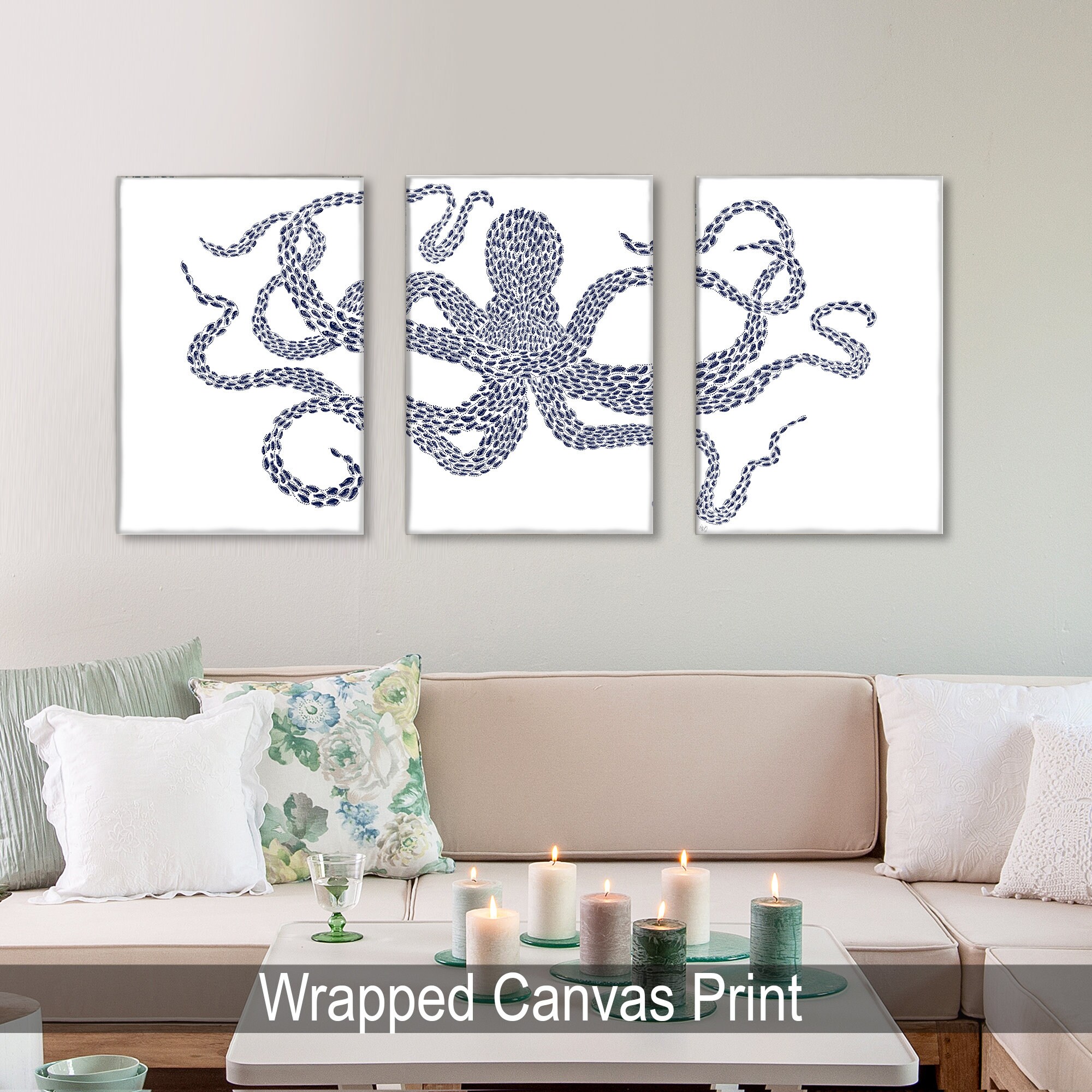 Octopus Canvas Art Fish Canvas Print Triptych Wall Art Blue Etsy UK