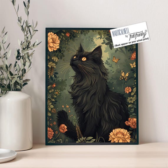 長毛の黒猫のアートプリント、気まぐれなふわふわの猫の壁アート