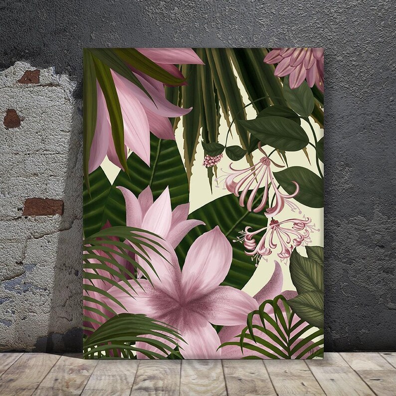 Botanical artwork, wall art on canvas, tropical flower art floral print, flower painting, tropical room decor, pink decor - Tropical blush 4 image 8