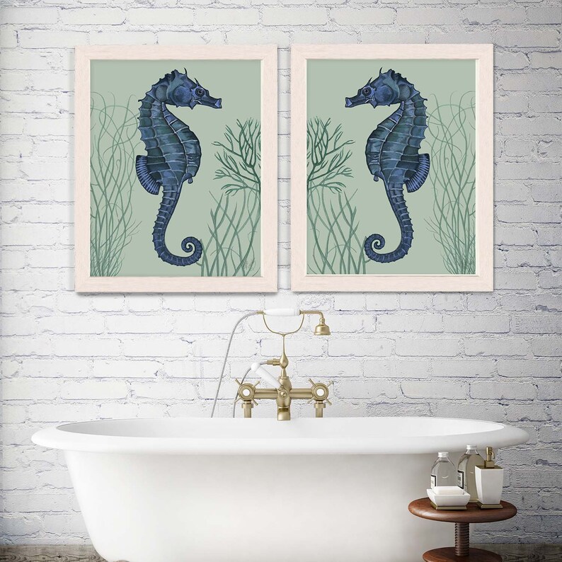 Nautical Print Beach Decor bathroom Decor Beach House Decor Seahorse Illustration Painting Seahorse Prints blue on pale greensage Set of 2