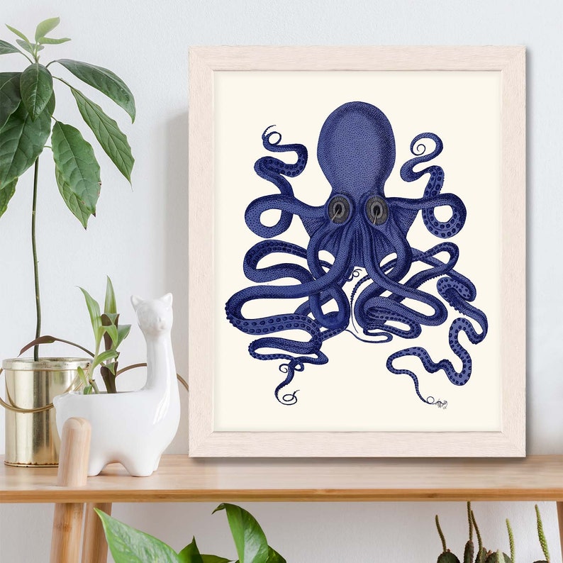 Octopus Print Blue 9 Octopus wall art Octopus poster octopus illustration Nautical Print Digital Print blue octopus Wall Art Wall Decor image 2