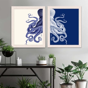 Bathroom Decor 2 Octopus Prints NAVY Blue /Cream Nautical Decor bathroom wall decor Octopus Wall Art Octopus Decor home Decor Bathroom wall image 3