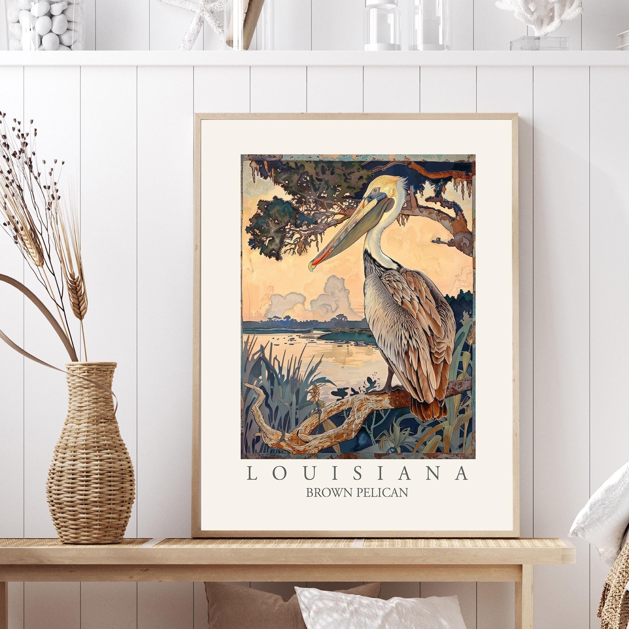 Brown Pelican Art Print, Louisiana State Bird, William Morris