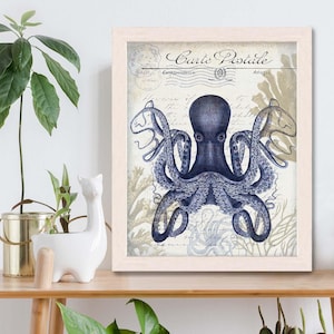 Impressão de polvo em cartão postal à beira-mar em creme - decoração à beira-mar, arte de praia à beira-mar, decoração costeira, decoração de casa de praia, arte de berçário de polvo, impressão de pôster