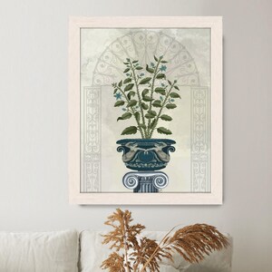 Roman vase on pedestal, Botanical art print, Decorative framed art, Ornate home decor, Planted urn illustration, Large canvas art classical image 3