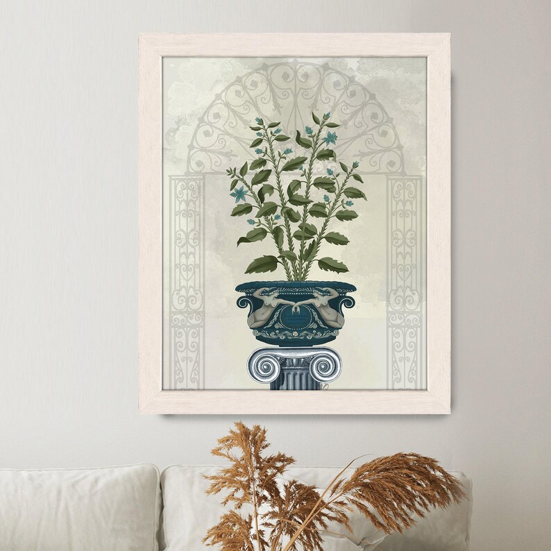 Roman vase on pedestal, Botanical art print, Decorative framed art, Ornate home decor, Planted urn illustration, Large canvas art classical image 3