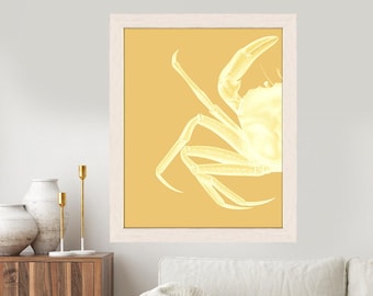 Crab wall decor Crab Print - White On Mustard - Nautical print crab art print beach decor wall decor marine painting nautical picture