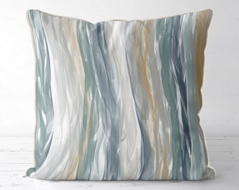 Blue and Green Coastal Pillow, Linen Look Abstract Throw