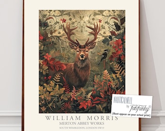 William Morris style print, William Morris poster, Deer Illustration, Vintage style Botanical, Woodland stag, large wall art animal