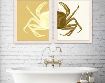 Crab Prints Set, Nautical Bathroom Wall Art, Coastal Decor
