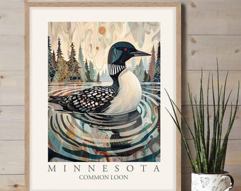 Common Loon Art Print, Minnesota State Bird, William Morris Floral Decor