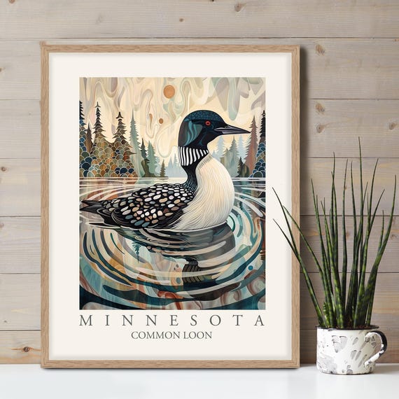Common Loon Minnesota State Bird Art Print, William Morris Style