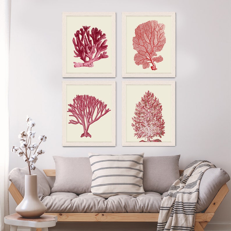 Coral print Set 4 Red Coral Art Prints Nautical Print coral home decor coral wall art coral decor red art print red room decor coastal art image 2