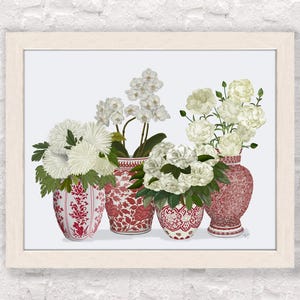 Interni floreali, Vaso cineseria, Porcellana rossa e bianca, Decorazioni per il soggiorno, Arte floreale tropicale, Arte murale asiatica, Stampa artistica botanica immagine 5