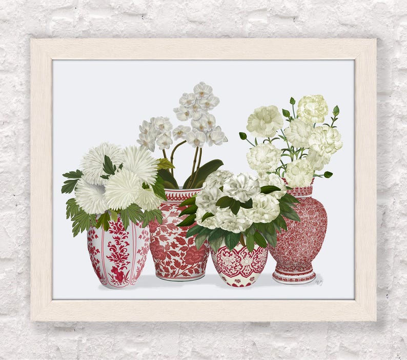 Interni floreali, Vaso cineseria, Porcellana rossa e bianca, Decorazioni per il soggiorno, Arte floreale tropicale, Arte murale asiatica, Stampa artistica botanica immagine 5