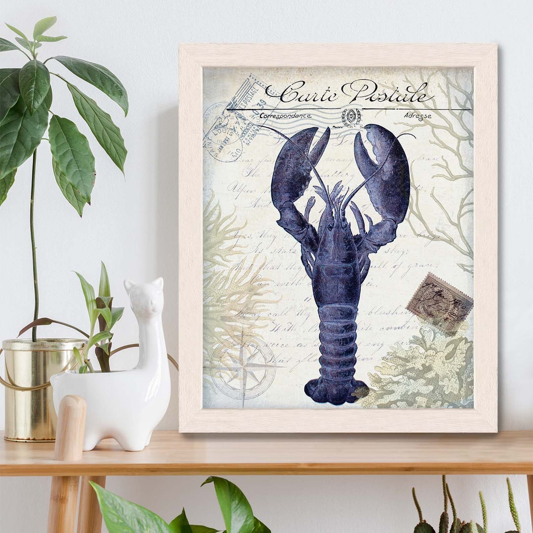 thumbnail image 2 of Lobster Illustration Nautical Art Print - Blue Seaside Decor For Restaurant Or Home 2 of 2