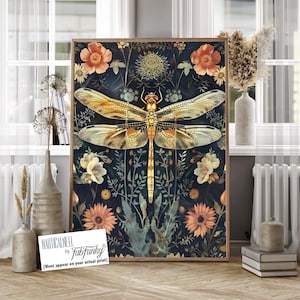 Libelle Wand Kunst Druck, William Morris Stil Libellen Poster, Vintage Stil Botanische Waldinsekten Liebhaber Kunstwerk, Dark Moody Decor