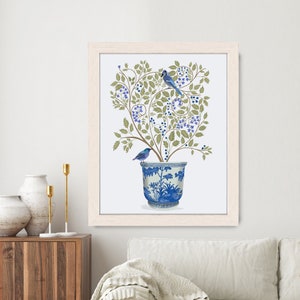 Blueberry tree chinoiserie planter and blue birds, Framed art, unframed print or canvas art made in UK, Oriental wall art for living room image 10