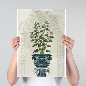 Roman vase on pedestal, Botanical art print, Decorative framed art, Ornate home decor, Planted urn illustration, Large canvas art classical image 2