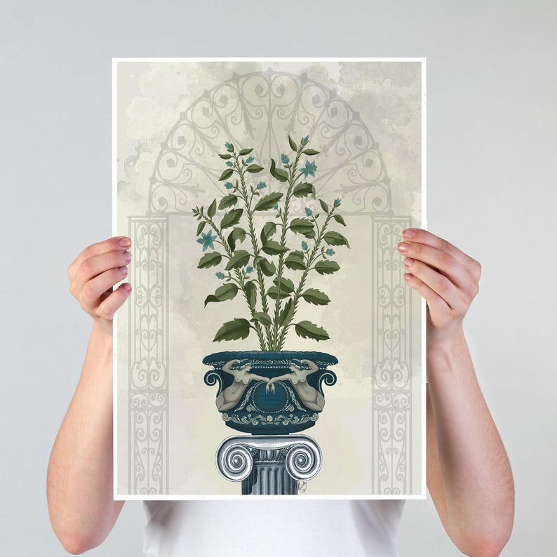 Roman vase on pedestal, Botanical art print, Decorative framed art, Ornate home decor, Planted urn illustration, Large canvas art classical image 2