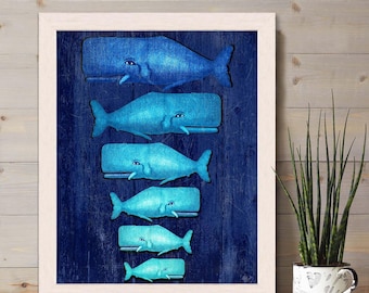 Whale art print - Whale Family Blue on Blue whale poster nautical print whale print coastal Wall Art Beach art Coastal living nautical decor