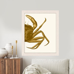 Crab Print, Mustard on Cream crab art gold art print Nautical print beach decor wall decor marine painting nautical picture bathroom decor image 2