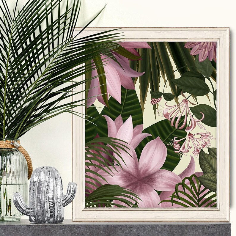 Botanical artwork, wall art on canvas, tropical flower art floral print, flower painting, tropical room decor, pink decor - Tropical blush 4 image 1