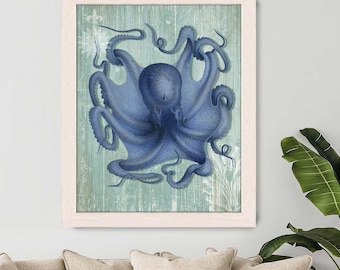 Blue Octopus Art Print, Nautical Wall Decor