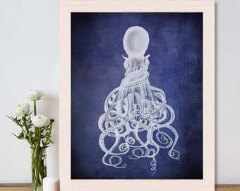 Octopus wall art Twisted Octopus Print White on Blue - Kraken wall art octopus nautical octopus drawing Blue and white wall art Coastal