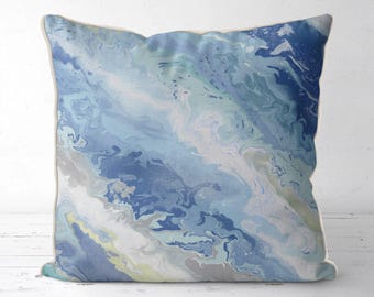 Blue Abstract Coastal Pillow Cover, Linen Cotton, Seafoam 3