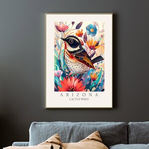 Cactus Wren Arizona State Bird Print, Modern abstract style wall art Home Decor, Backyard Birds of AZ USA, Large Colorful Boho Canvas Poster
