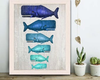 Whale Family Blue on Grey : whale poster whale print Nautical Print Art Illustration Nautical decor whale gift whale art Wall Art Wall Decor