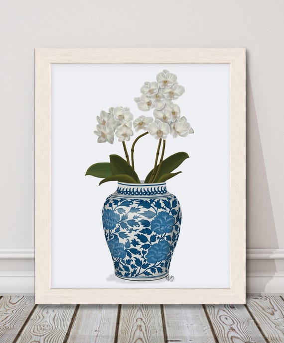 Chinoiserie pot print, Blue and white, White orchid plant, Floral wall decor, Tropical plant art, Gallery wall art, Oriental art print