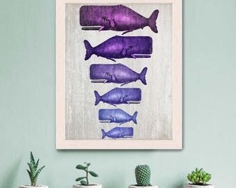 Walfisch Familie Kunst Druck: Lila, Graues Nautisches Wandbild