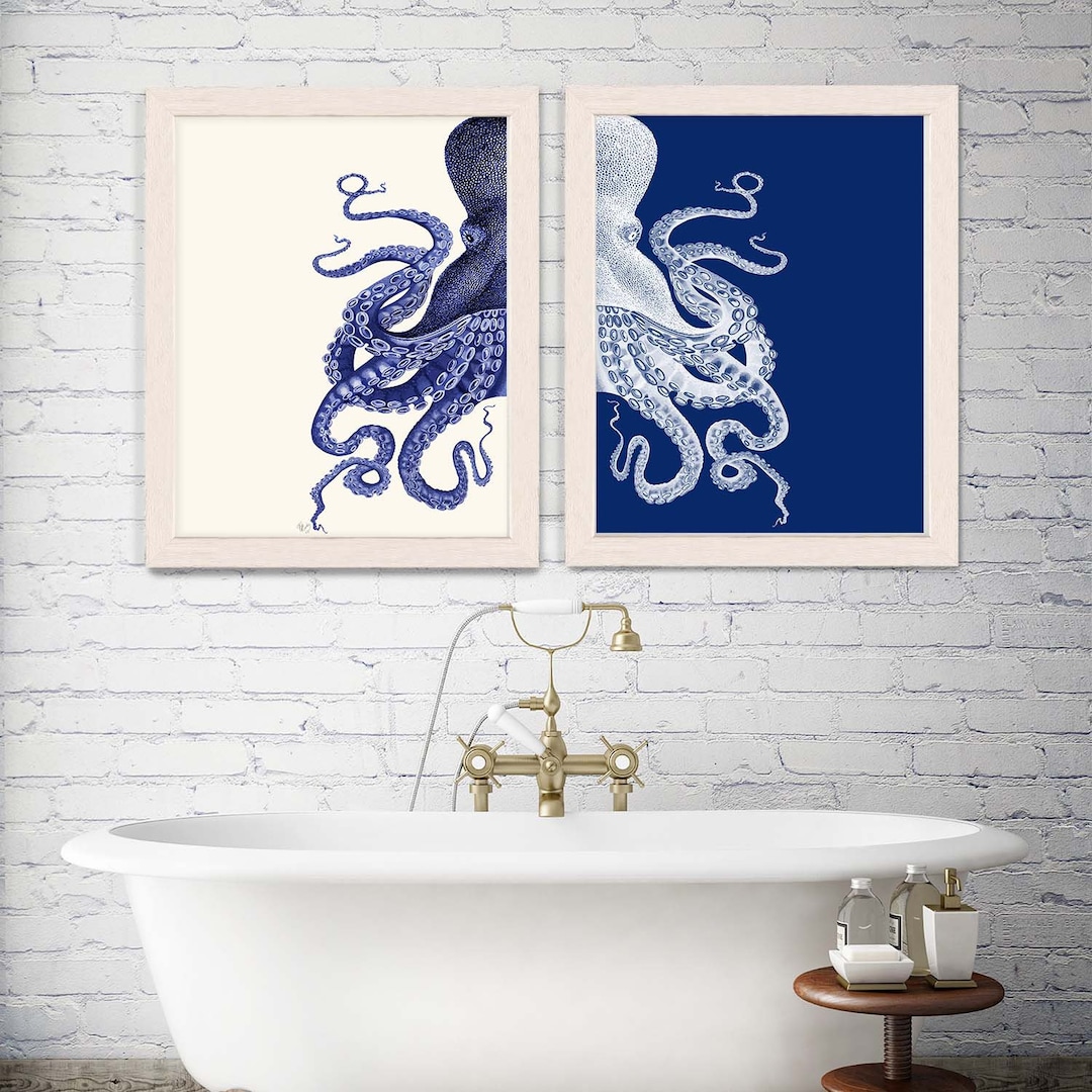 Bathroom Decor Set of 2 Octopus Prints NAVY Blue /cream Nautical Decor ...