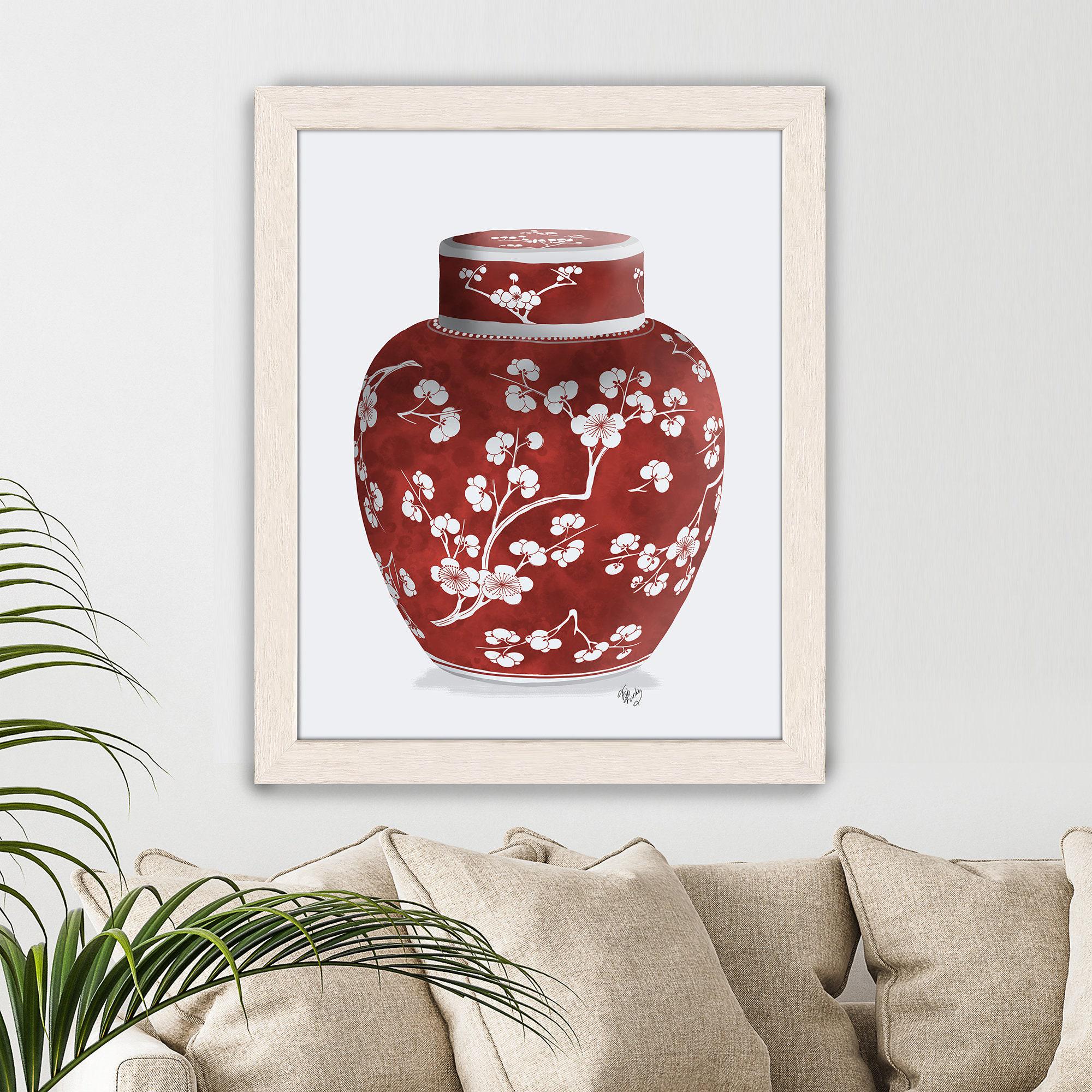 Ginger jar art, Cherry blossom print, Red and white china, Chinoiserie vase, Oriental ginger jar, Chinese home decor, Ming porcelain art