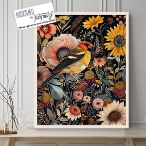 Goldfinch Illustration, Goldfinch Art Print, Large Vintage style wall art, William Morris style garden bird poster, Birds of the garden