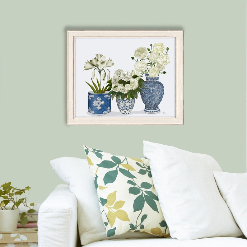 Chinoiserie vases, Blue and white, Botanical prints, Chinese wall art, Hamptons style, Floral art prints, Peonie lily carnation, Canvas art image 1