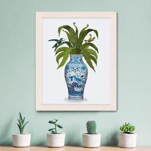 Hummingbird chinoiserie print, Oriental vase with cockerel design filled with green leaves and colourful birds, Beautiful art gift for home
