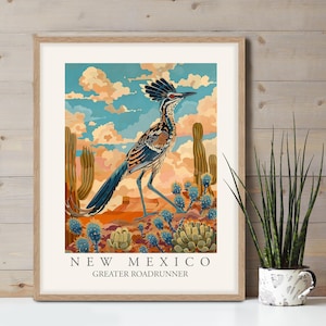 Lámina artística del ave del estado de Nuevo México, correcaminos mayor, decoración de pared del desierto estilo William Morris, pájaros del patio trasero de Nuevo México, póster grande colorido